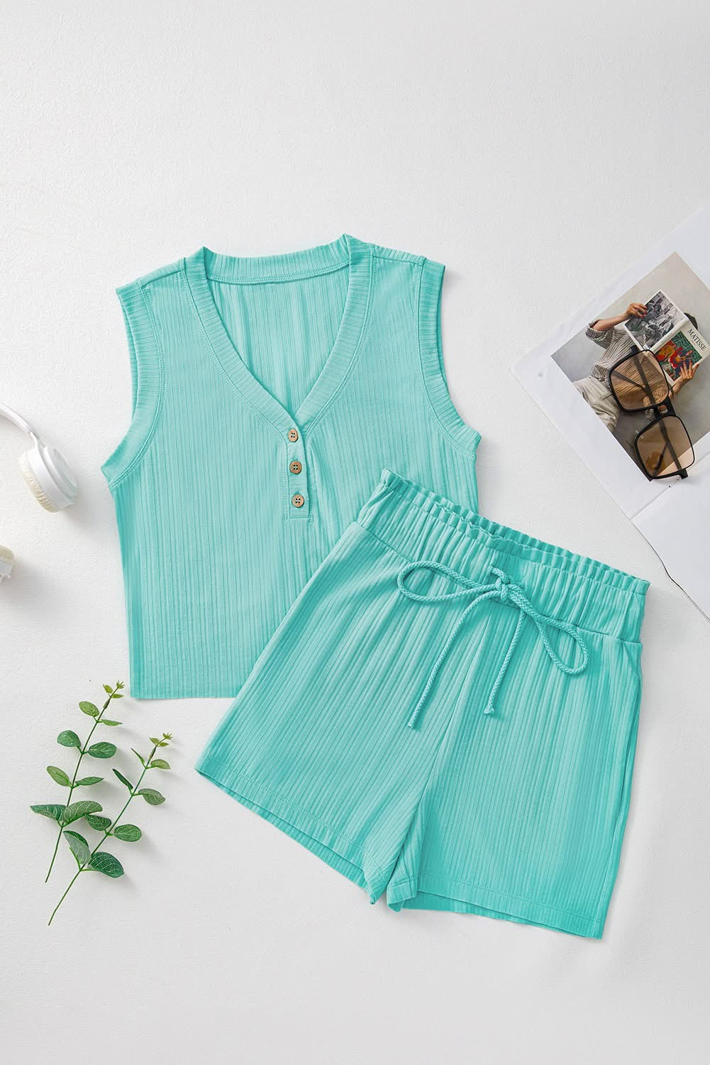 Mint Green Ribbed V Neck Tank Top Shorts Set