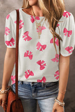 Load image into Gallery viewer, SWEET SUMMER PINK AND WHITE BOWS BUBBLE SLEEVE TOP
