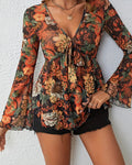 Printed V-Neck Flare Sleeve Top