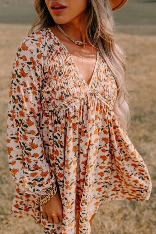 Floral Deep V Neck Smocked Dress
