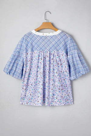 COLORBLOCK CRUSH BEAU BLUE BUBBLE SLEEVE BLOUSE