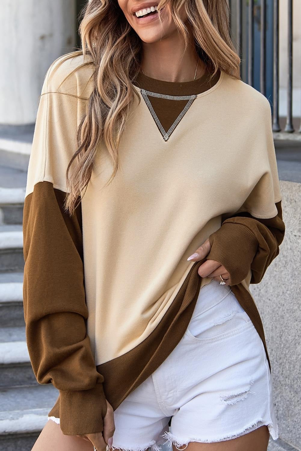 Apricot Color Block Thumbhole Sweatshirt