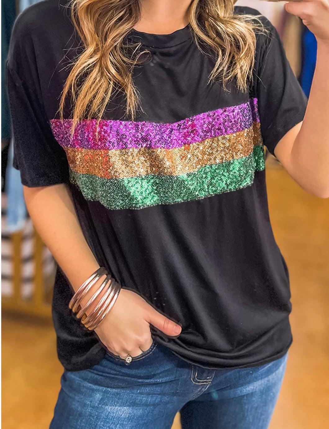 Mardi Gras Sequin Stripes Patchwork T Shirt -Ships 1/16