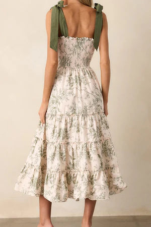 BALI BEAUTY GREEN FLORAL SMOCKED TIERED MIDI DRESS **SHIPPING EXPECTED TO BEGIN ON DATE 3/10**