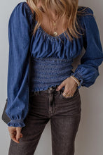 Load image into Gallery viewer, Major Impression Dark Blue Smocked Ruffled Puff Sleeve V Neck Denim Blouse
