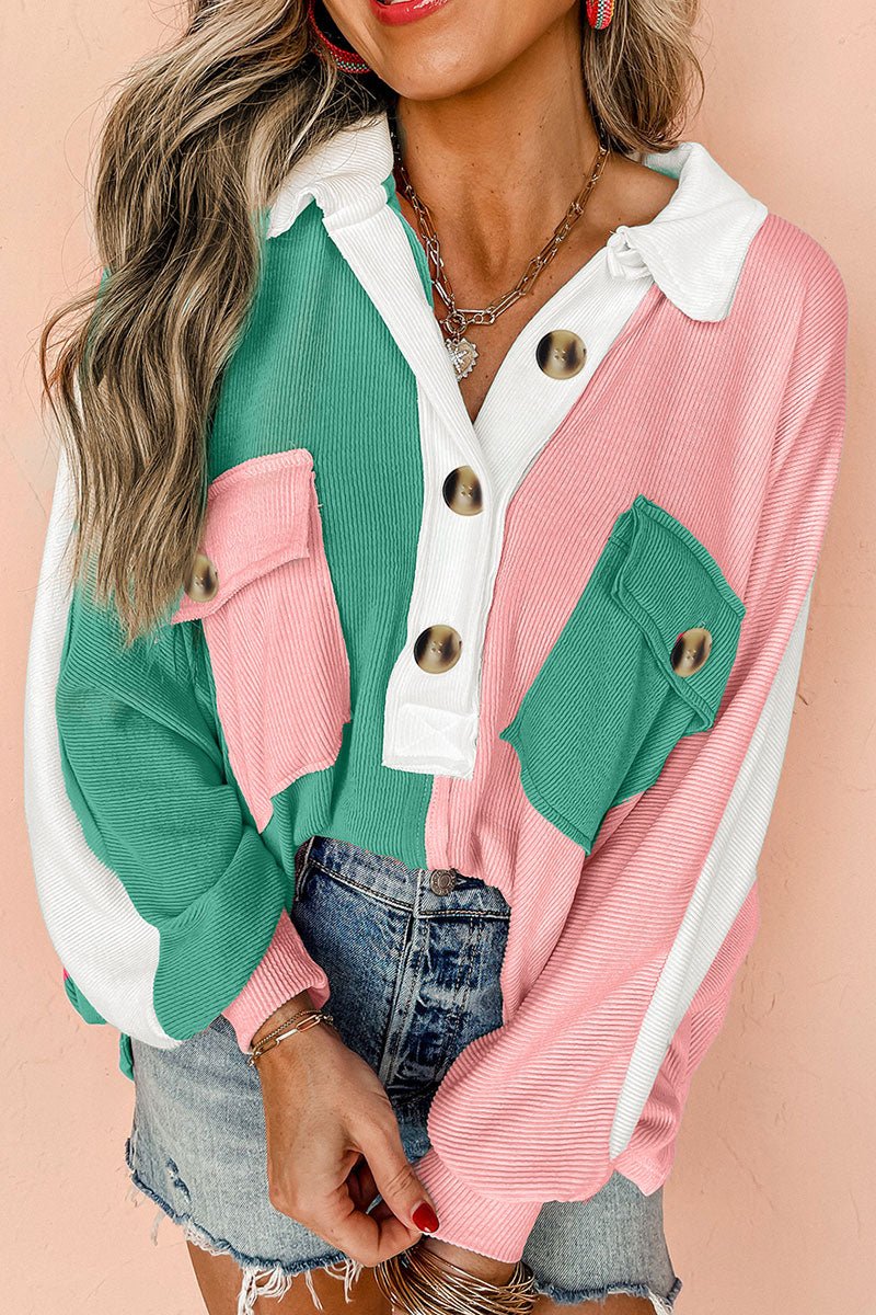 EASYGOING PINK OVERSIZED BUTTON RIBBED TOP **SHIPPING EXPECTED TO BEGIN ON DATE 10/25**