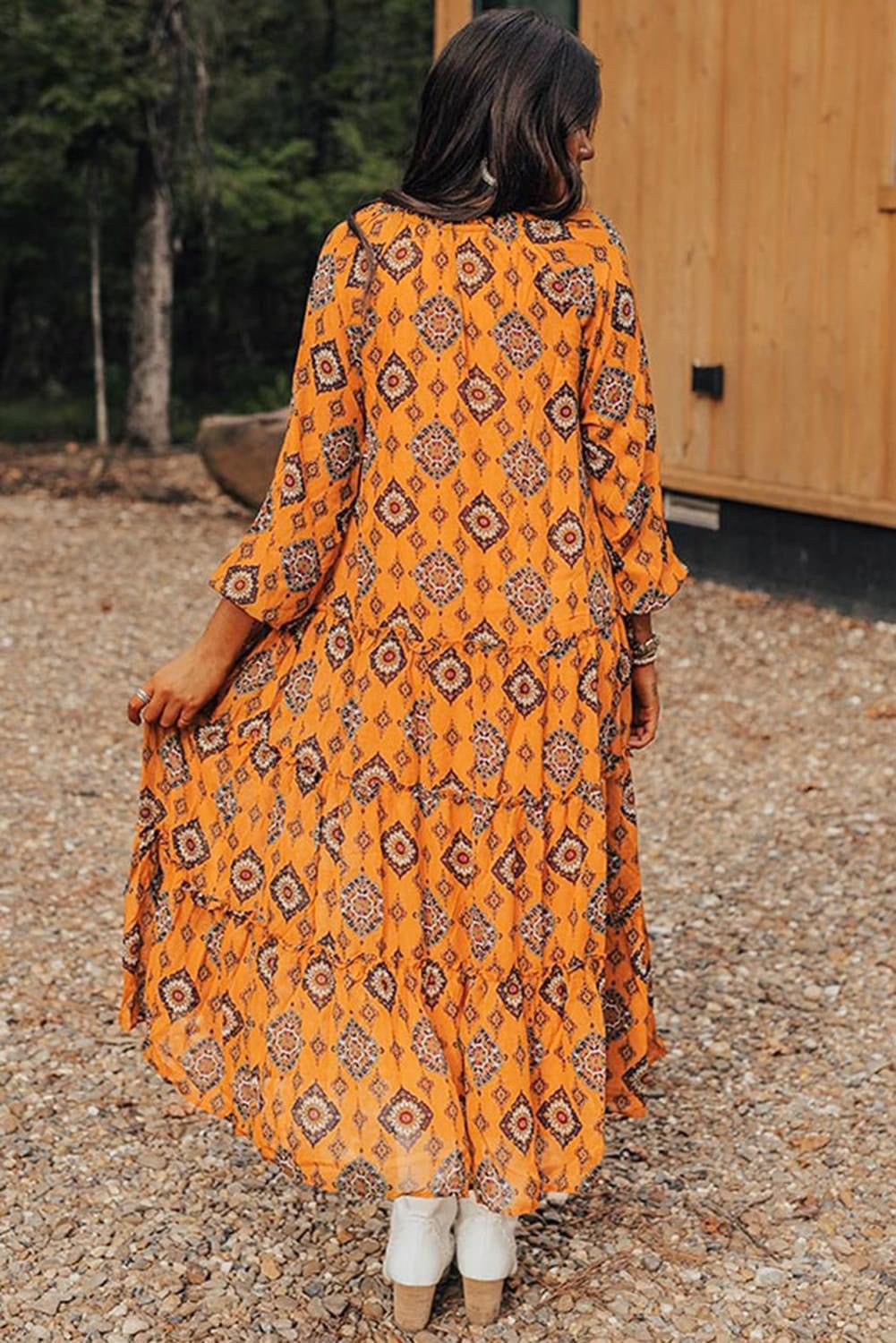 Orange Western Geometric 
Tiered Frilled Loose Fit Midi Dress