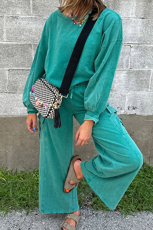 LAPIS MINERAL WASH TOP AND WIDE LEG CARGO PANTS SET **SHIPPING EXPECTED TO BEGIN ON DATE 11/05**