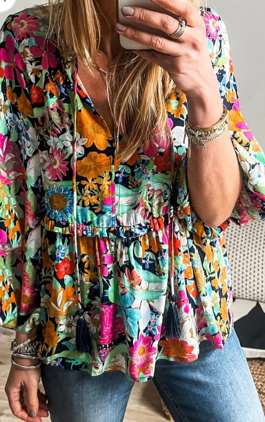 Floral Tie Neck Balloon Sleeve Blouse