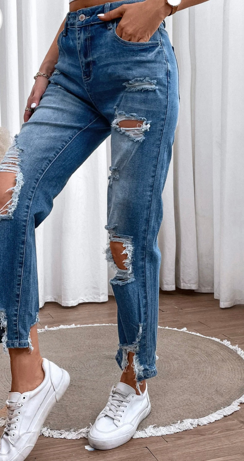 Distressed Raw Hem Straight Jeans