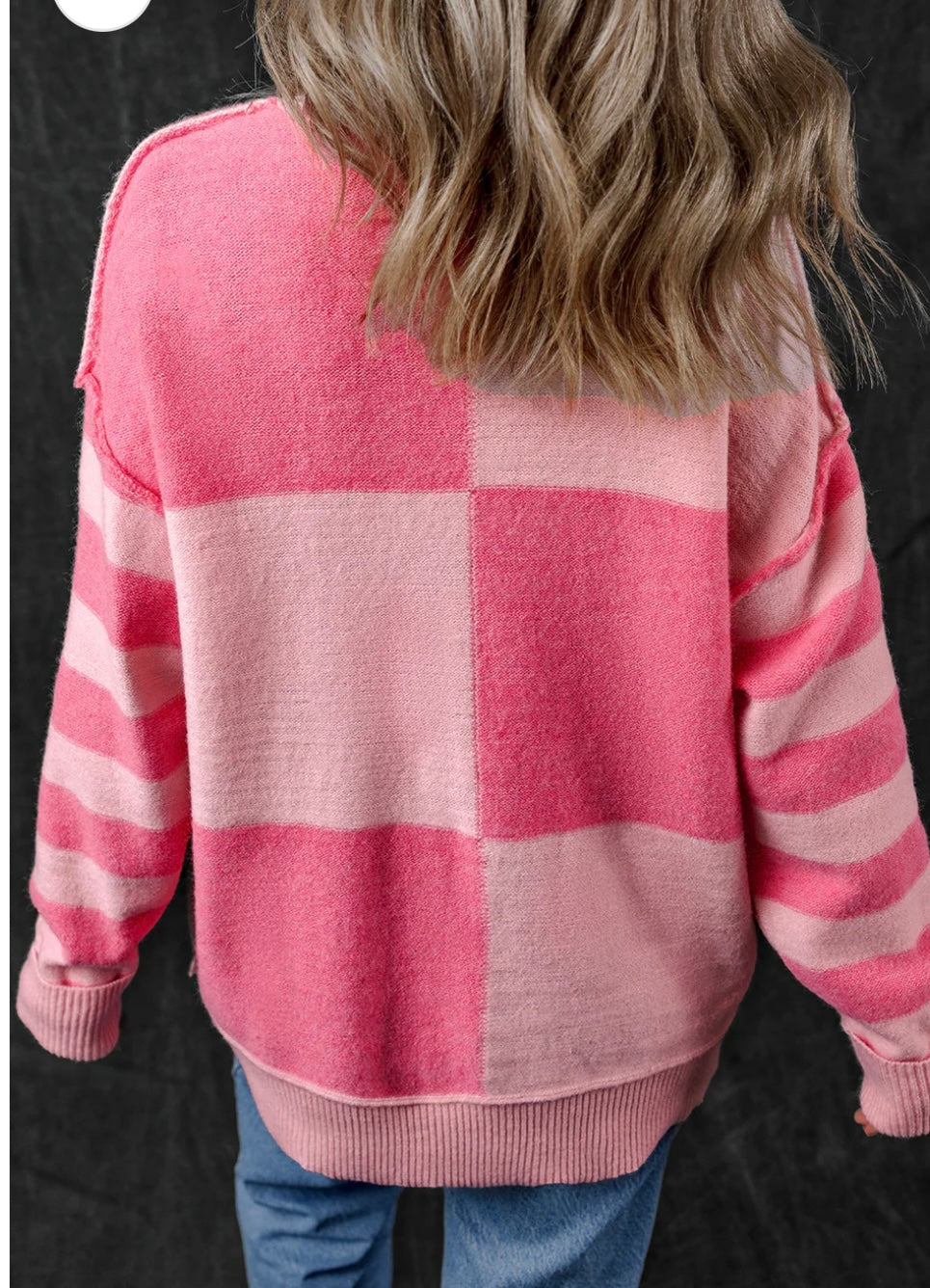Pink Checkered Striped Sleeve Sweater
