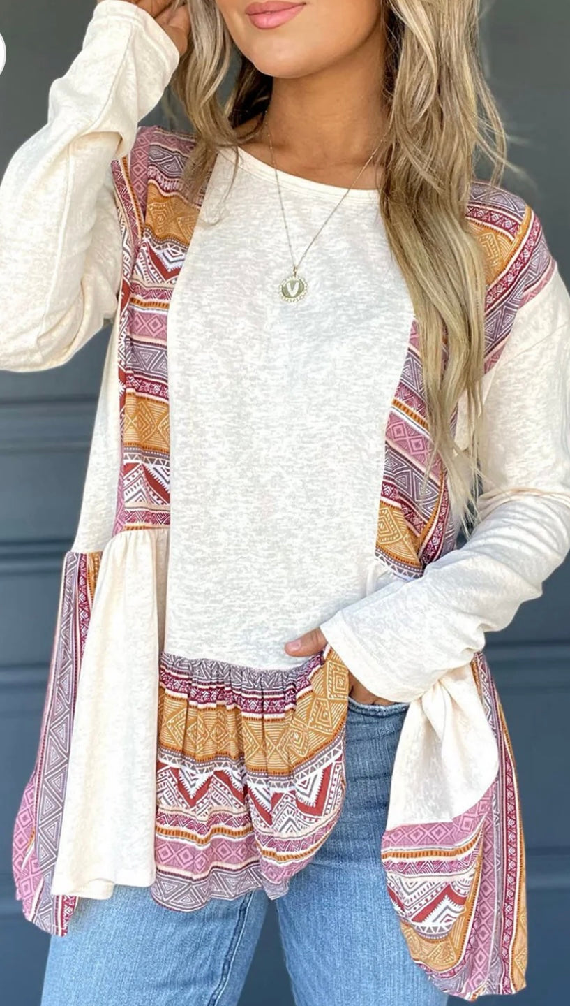 Western Patchwork Ruffled Babydoll Top (Ships 8/31)