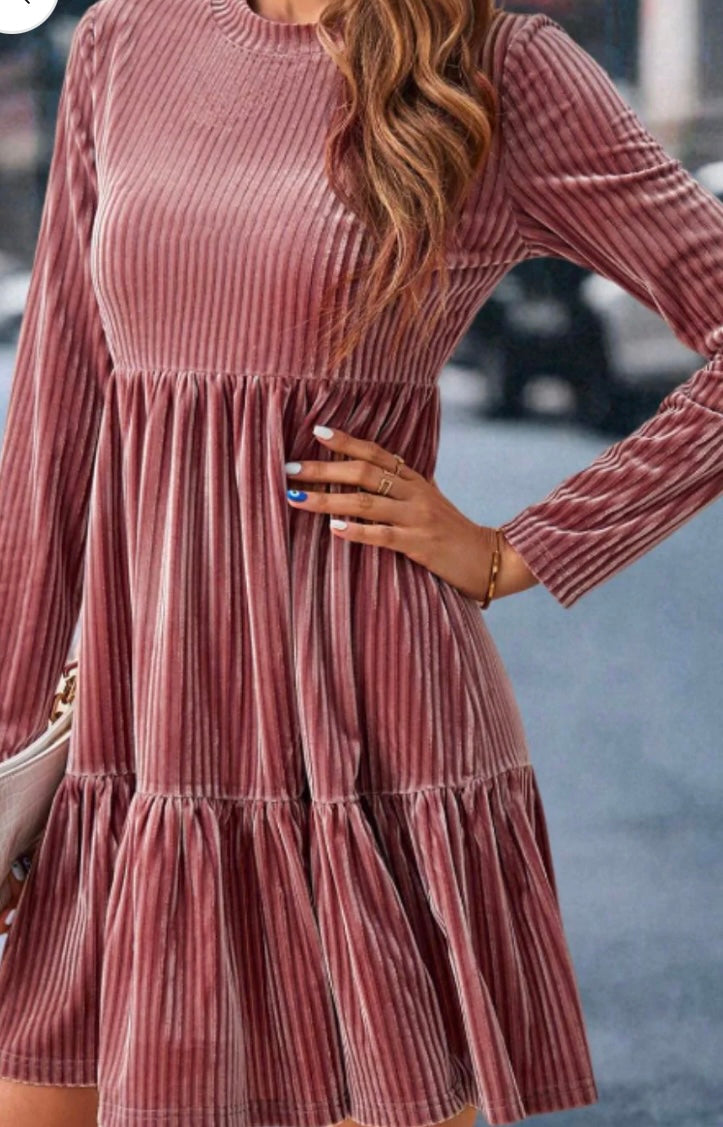 Ruffle Hem Round Neck Long Sleeve Dress