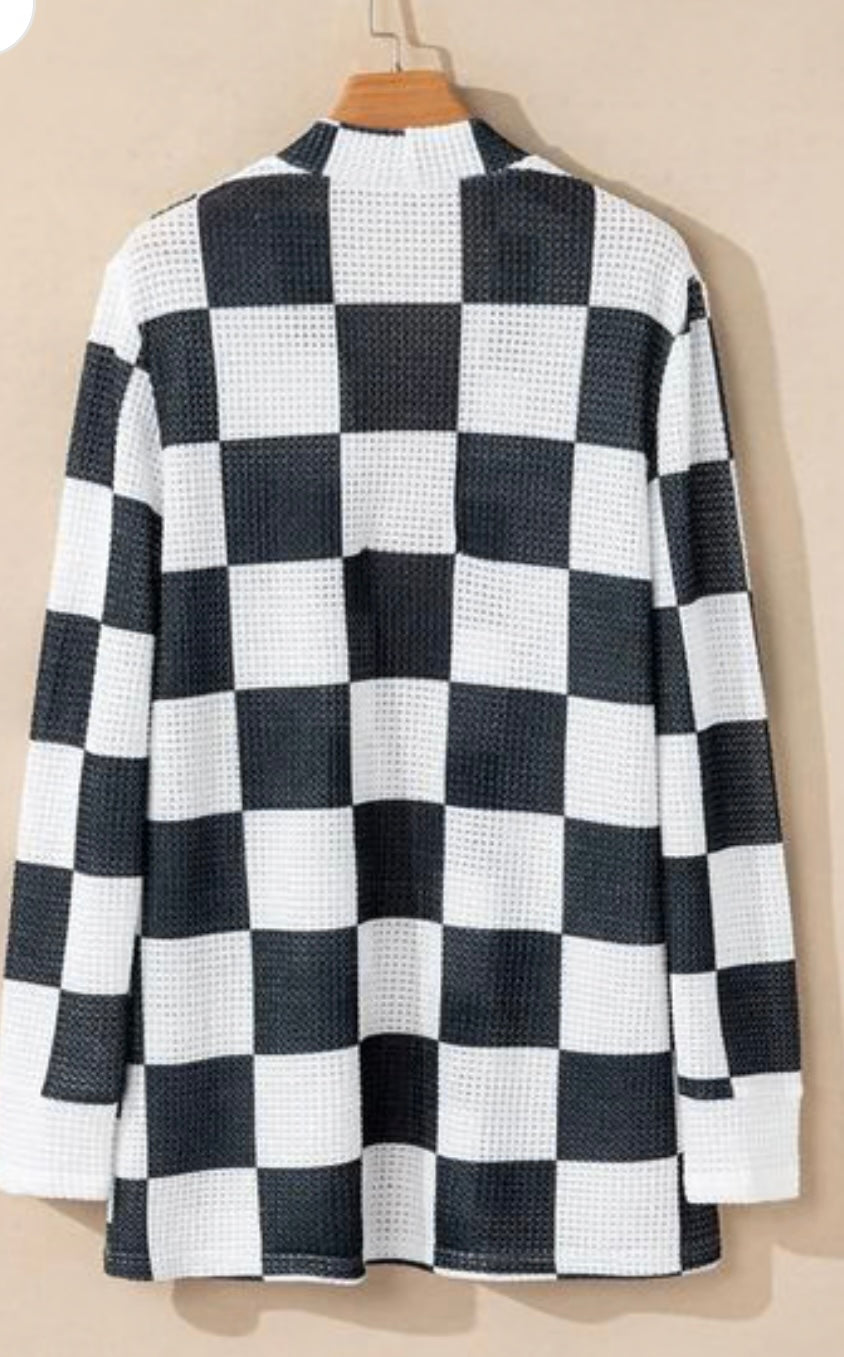 Checkered Waffle Open Front Cardigan