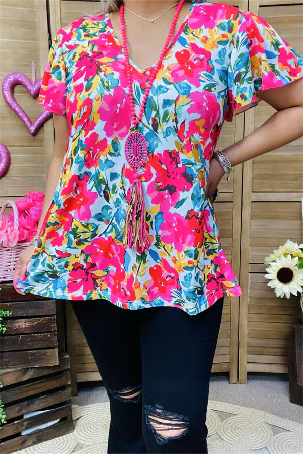 Fuchsia Teal multi color print Top