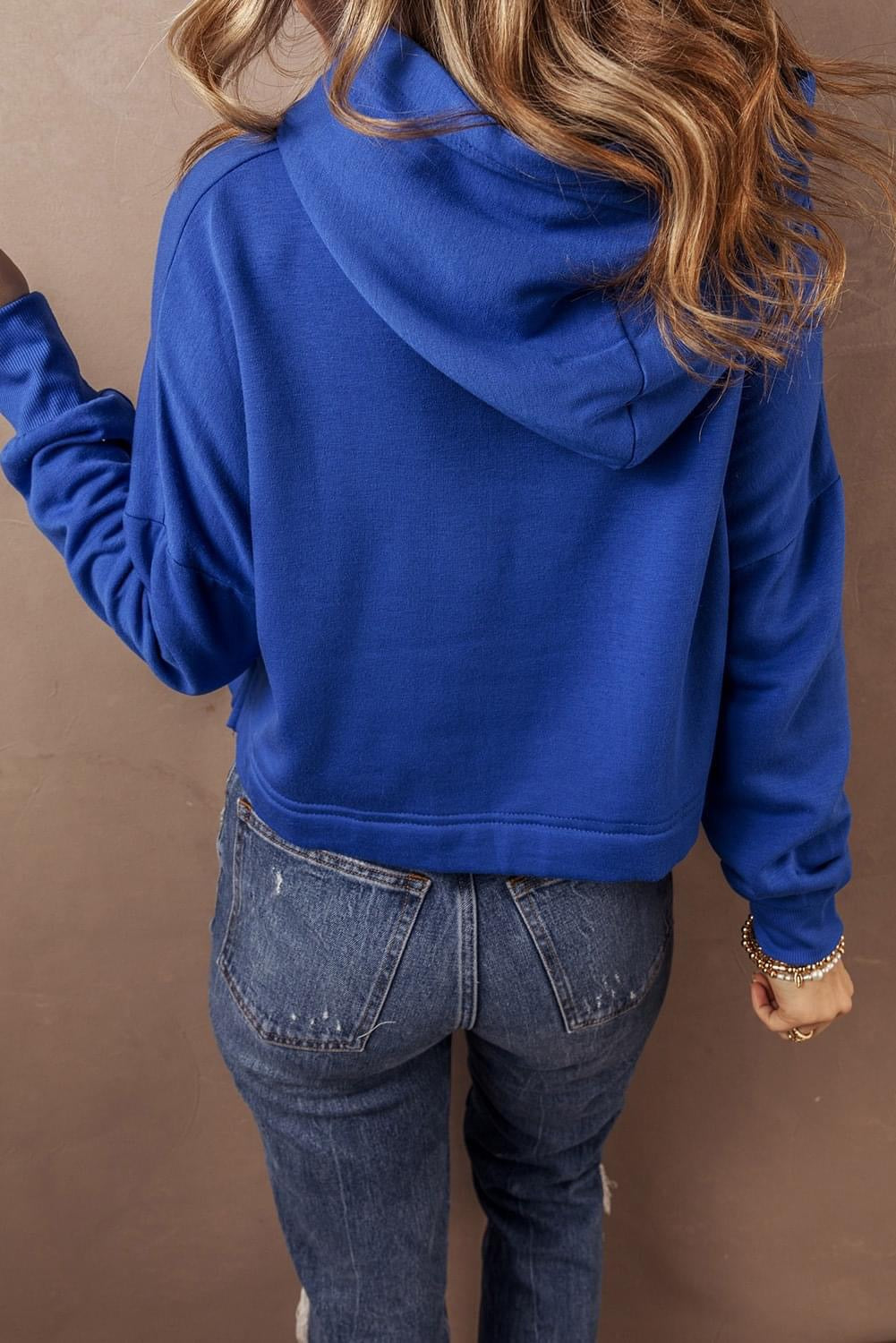 Dark Blue Drawstring Cropped Hoodie