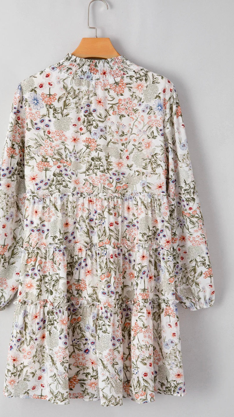 Floral Tiered Frilled Shirred Mini Dress