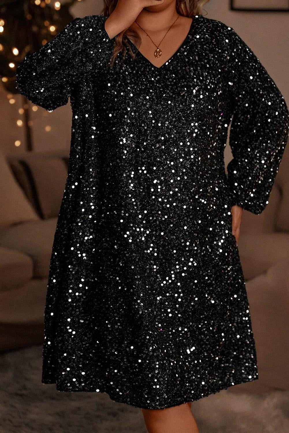 Black Plus Size Bubble Sleeve V neck Sequin dress