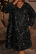 Load image into Gallery viewer, Black Plus Size Bubble Sleeve V neck Sequin dress
