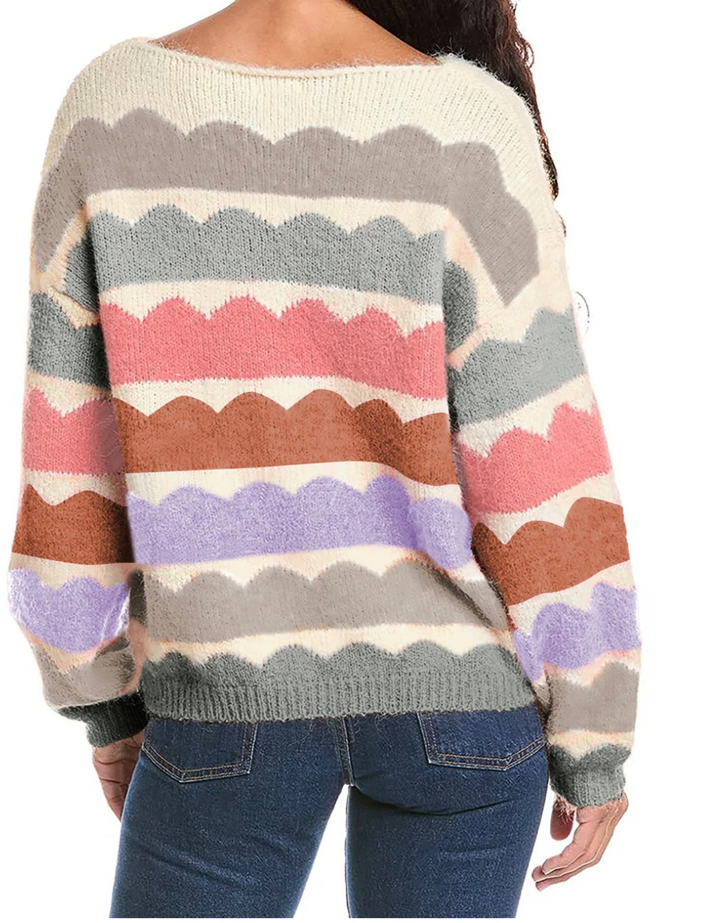 Wave Striped Balloon Sleeve Loose Sweater-(Ships 9/22)