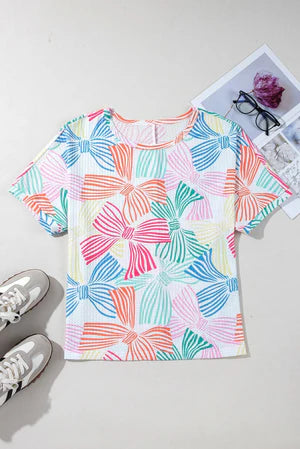 RIBBON ROMANCE MULTI-COLOR WAFFLE KNIT LOOSE TEE **SHIPPING EXPECTED TO BEGIN ON DATE 3/12**