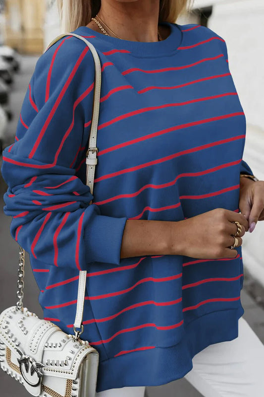 SWITCH IT UP BLUE STRIPED OVERLAP BACK PULLOVER **SHIPPING EXPECTED TO BEGIN ON DATE 8/5**