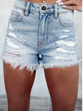 Load image into Gallery viewer, High Waist Distressed Raw Hem Denim Shorts
