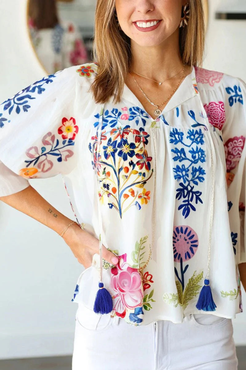 MIDSUMMER MOOD TASSEL V-NECK BLOUSE **SHIPPING EXPECTED TO BEGIN ON DATE 7/12**