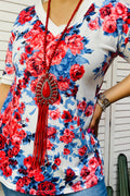 White Floral Print Short Sleeve Top