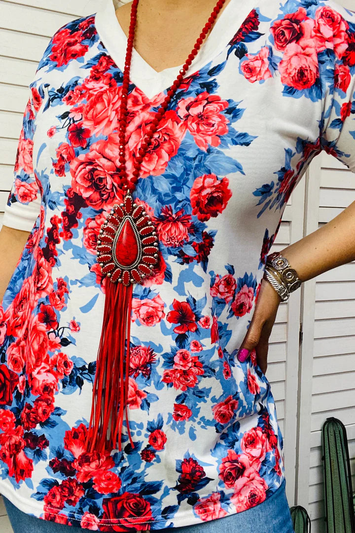 White Floral Print Short Sleeve Top