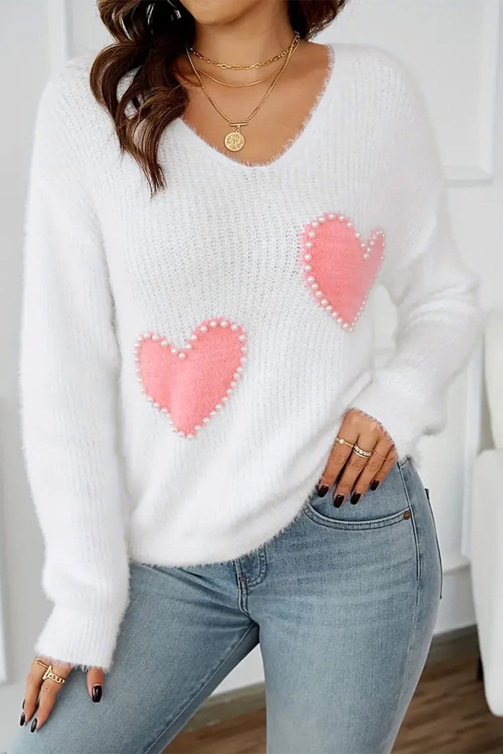 White Pearl Beaded Fuzzy v neck sweater