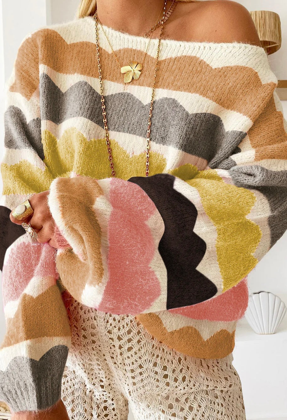 Wave Striped Balloon Sleeve Loose Sweater-(Ships 9/22)