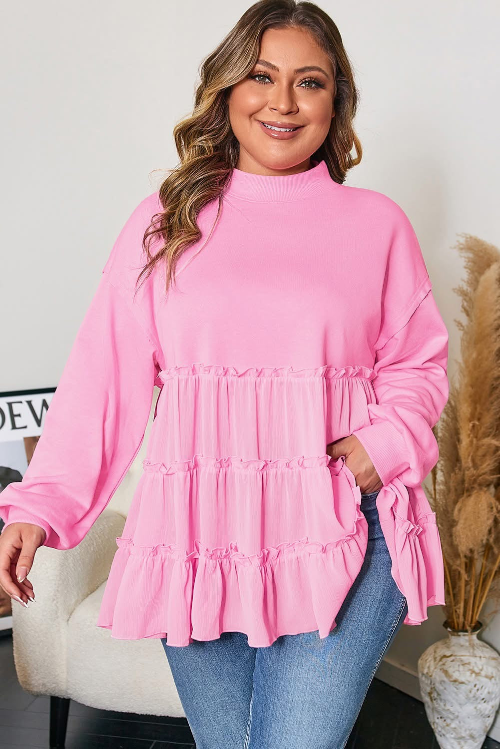Pink Tiered Ruffle Ribbed Top