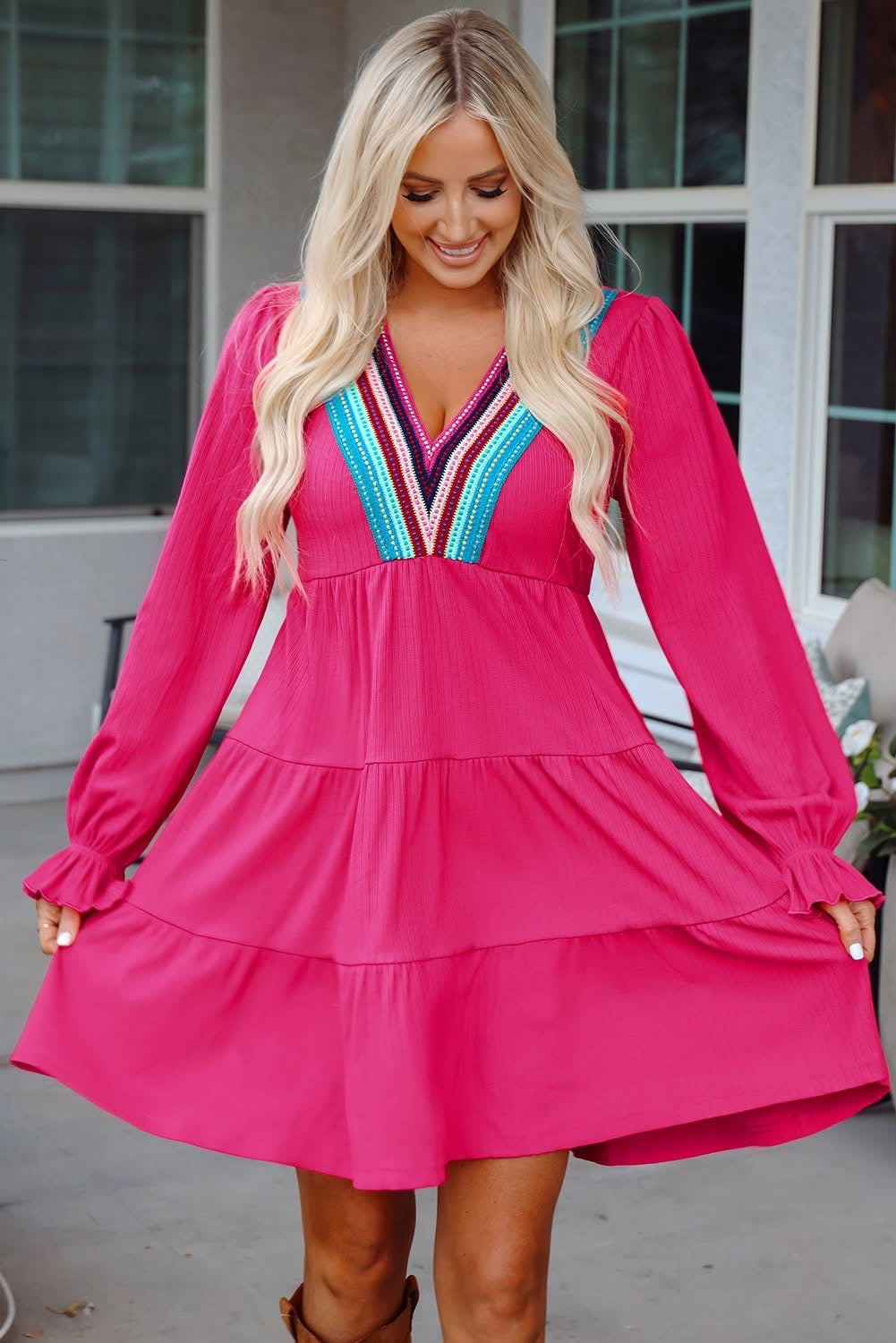 Rose Red Crochet V Neck Textured Tiered Ruffled Mini Dress