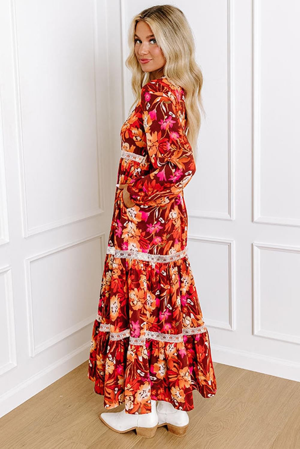 Orange Floral Print Lace Trim maxi dress