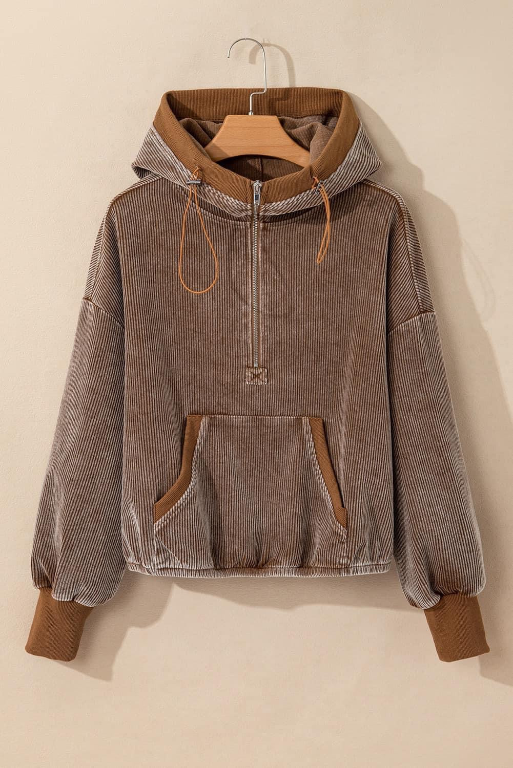 Zipper Kangaroo Pocket Corduroy Hoodie (Ships 9/10)