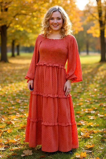 Polka Dots Rust Puff  Long Sleeve Maxi dress
