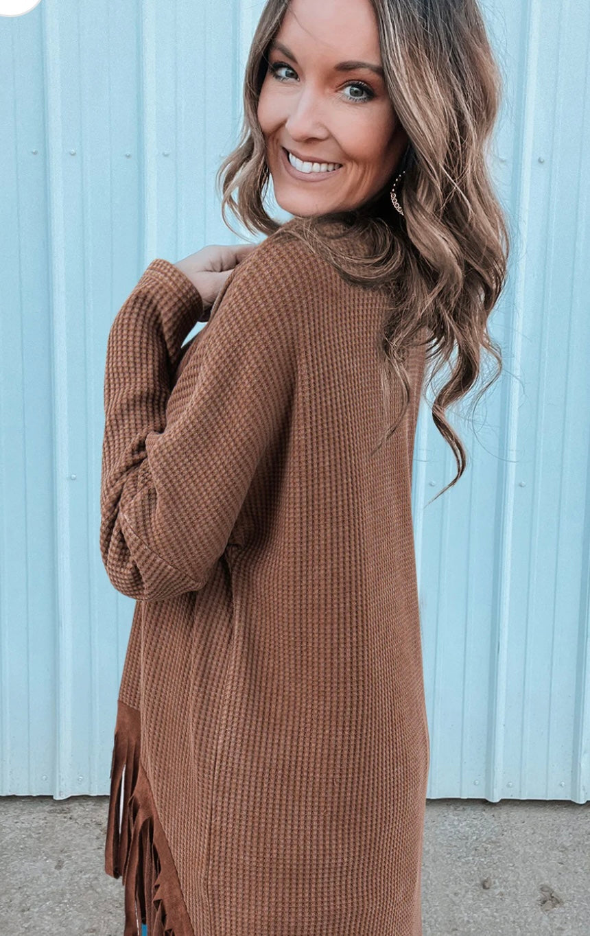Waffle Knits Fringed High Low Loose Top