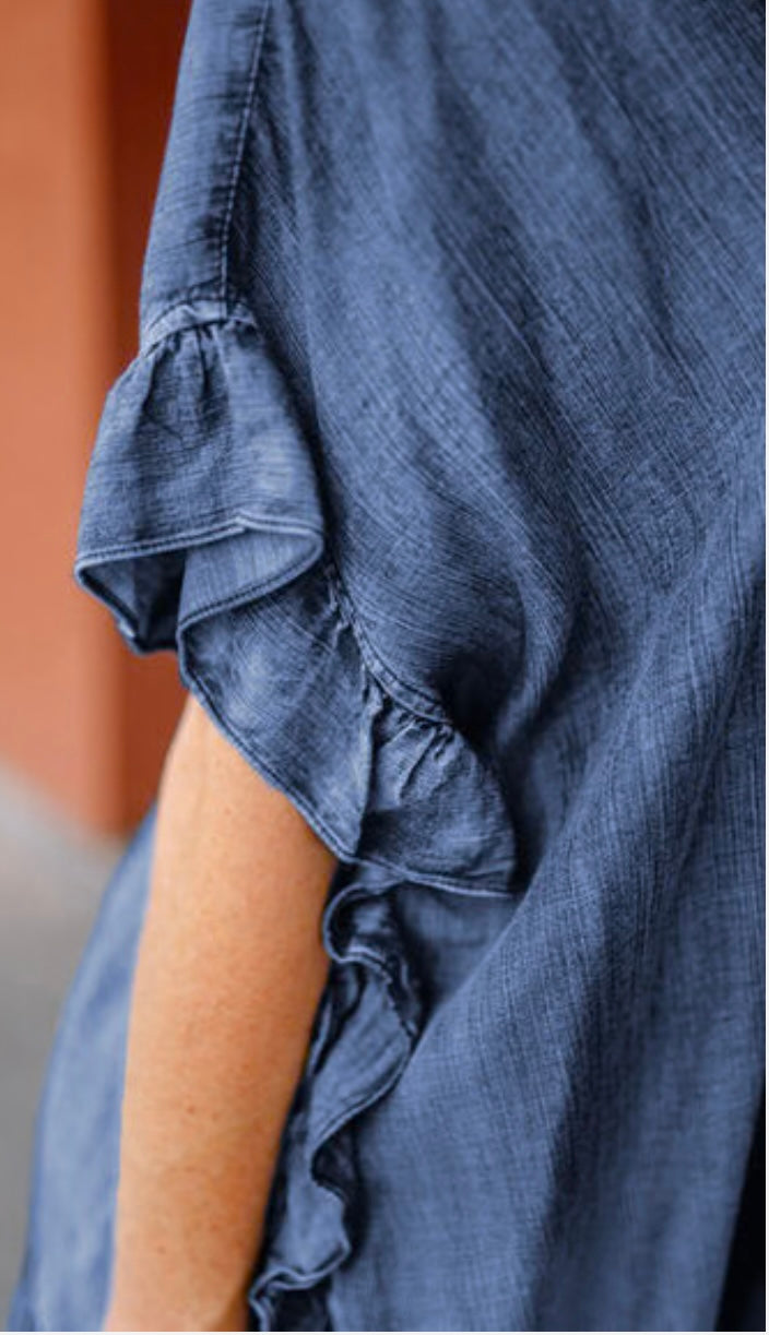 Ruffled Open Front Denim Top