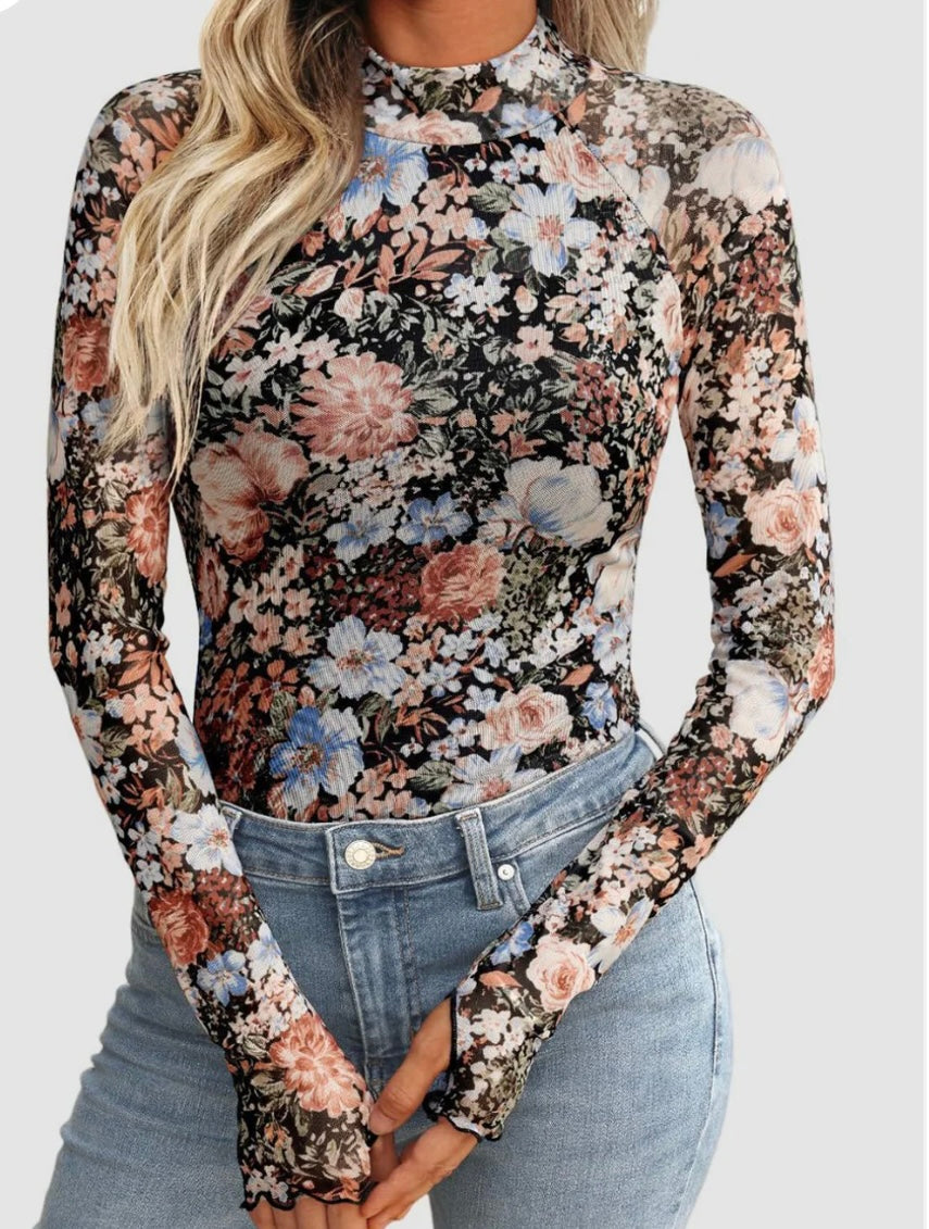 Floral Mock Neck Long Sleeve Top