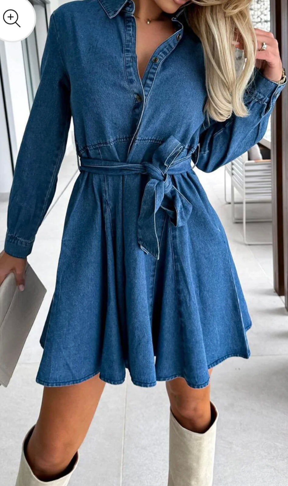 Tied Half Button Long Sleeve Denim Dress