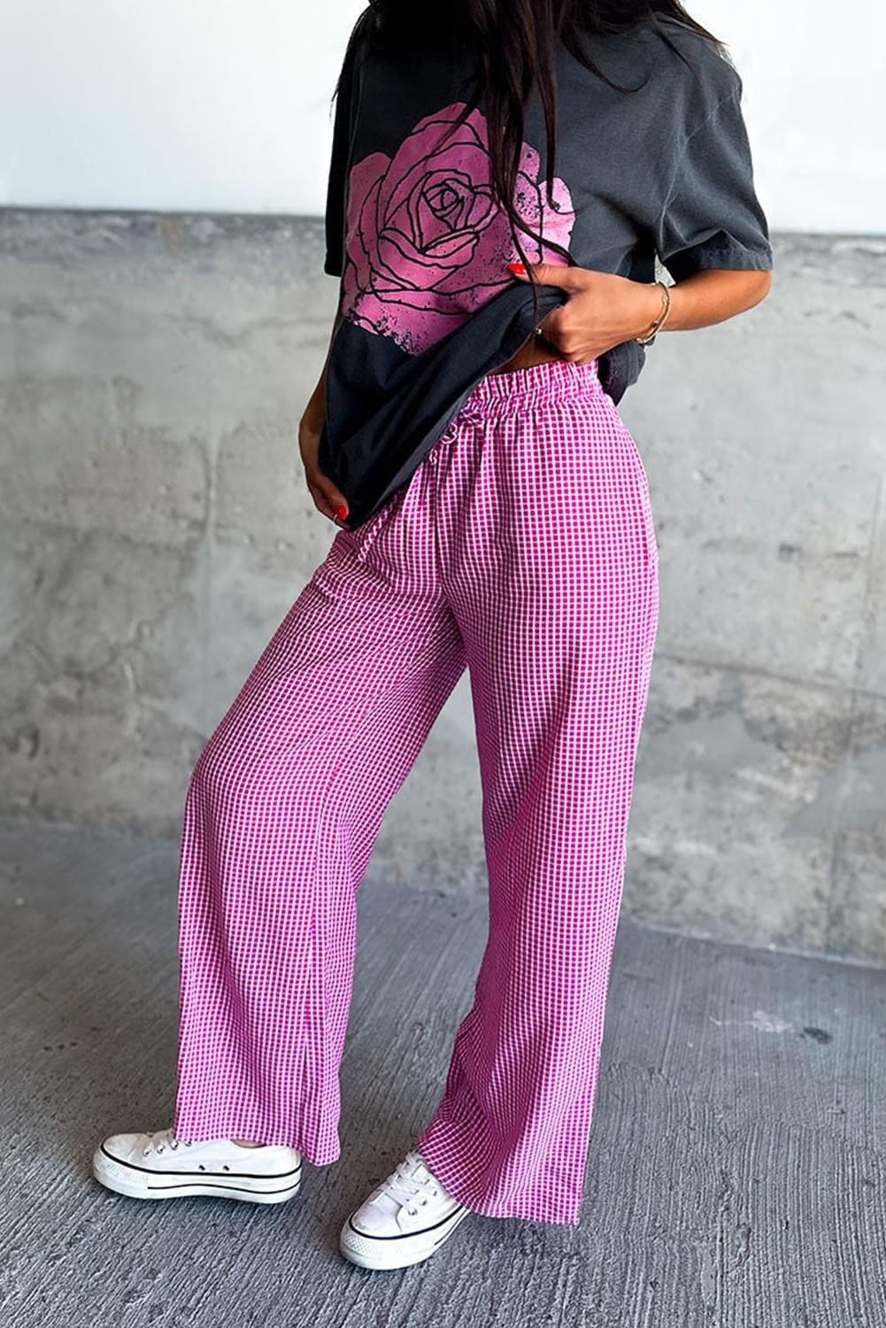 Pink Plaid High Waist Wide Leg Casual Pants