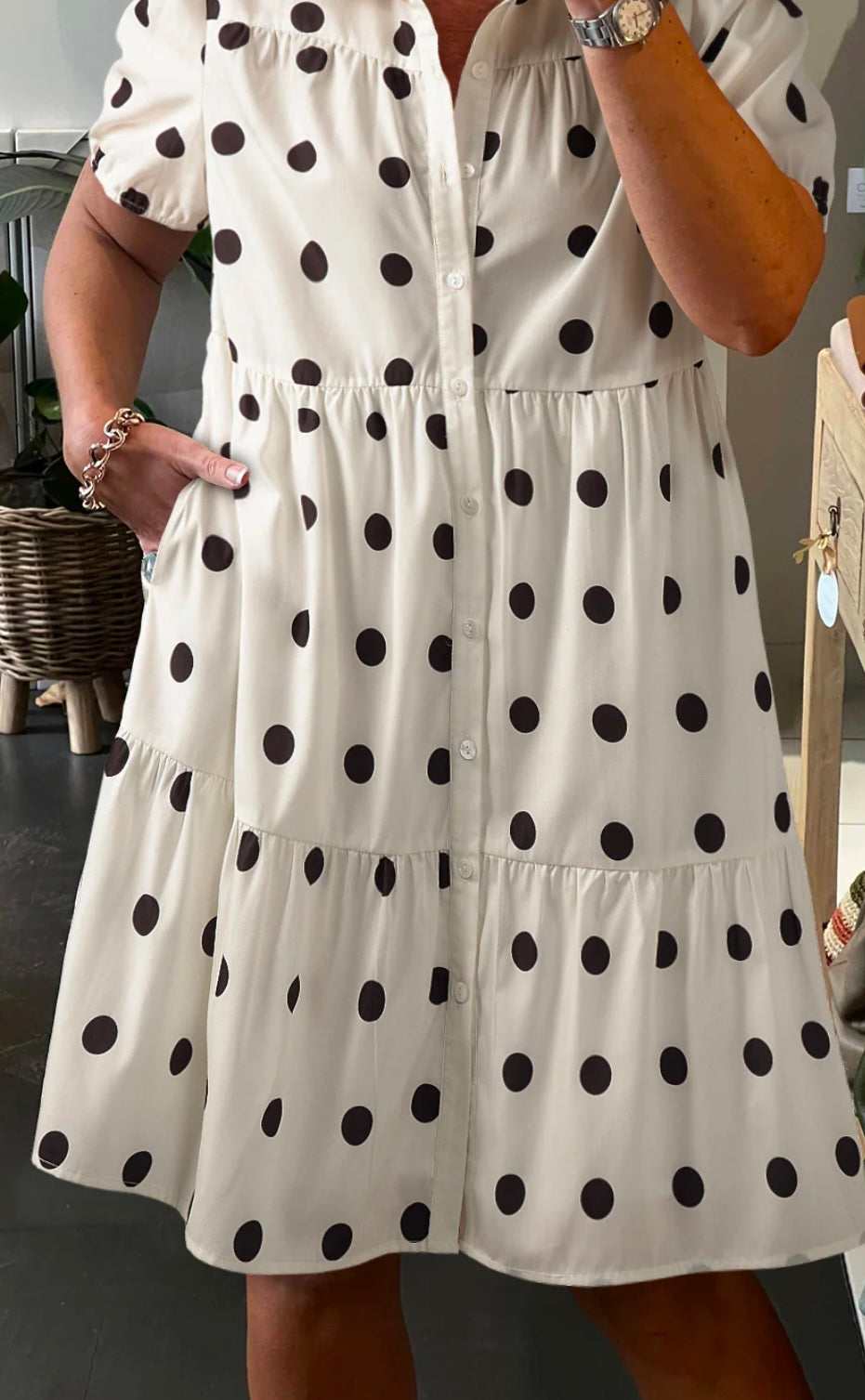 Dot Collar Buttoned Tiered Babydoll Dress