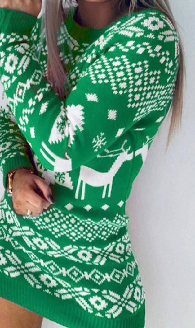 Christmas Element Round Neck Mini Sweater Dress