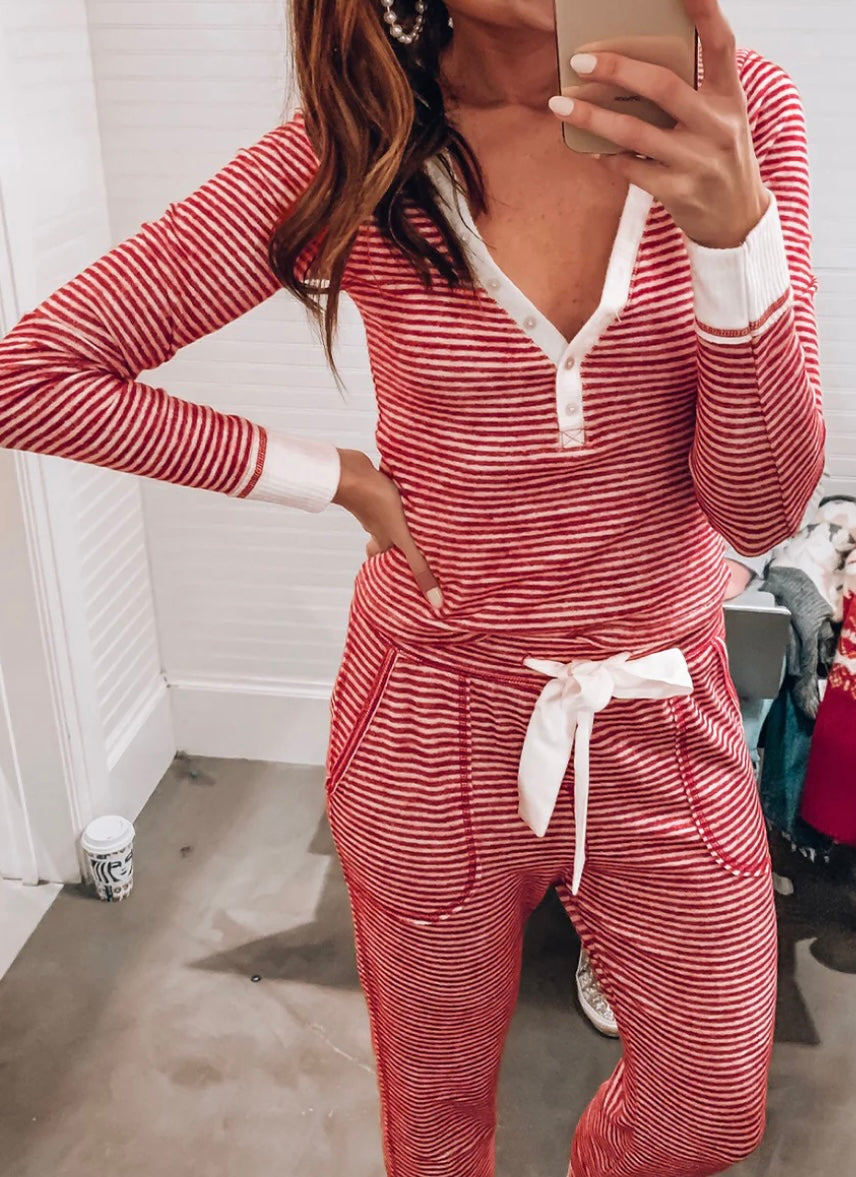 (Pre order/9.10)Stripe Buttoned Top and Knotted Waist Pants Lounge Set