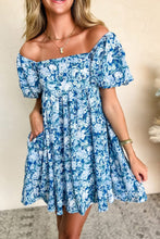 Load image into Gallery viewer, Blue Floral Puff Sleeve Babydoll Mini dress
