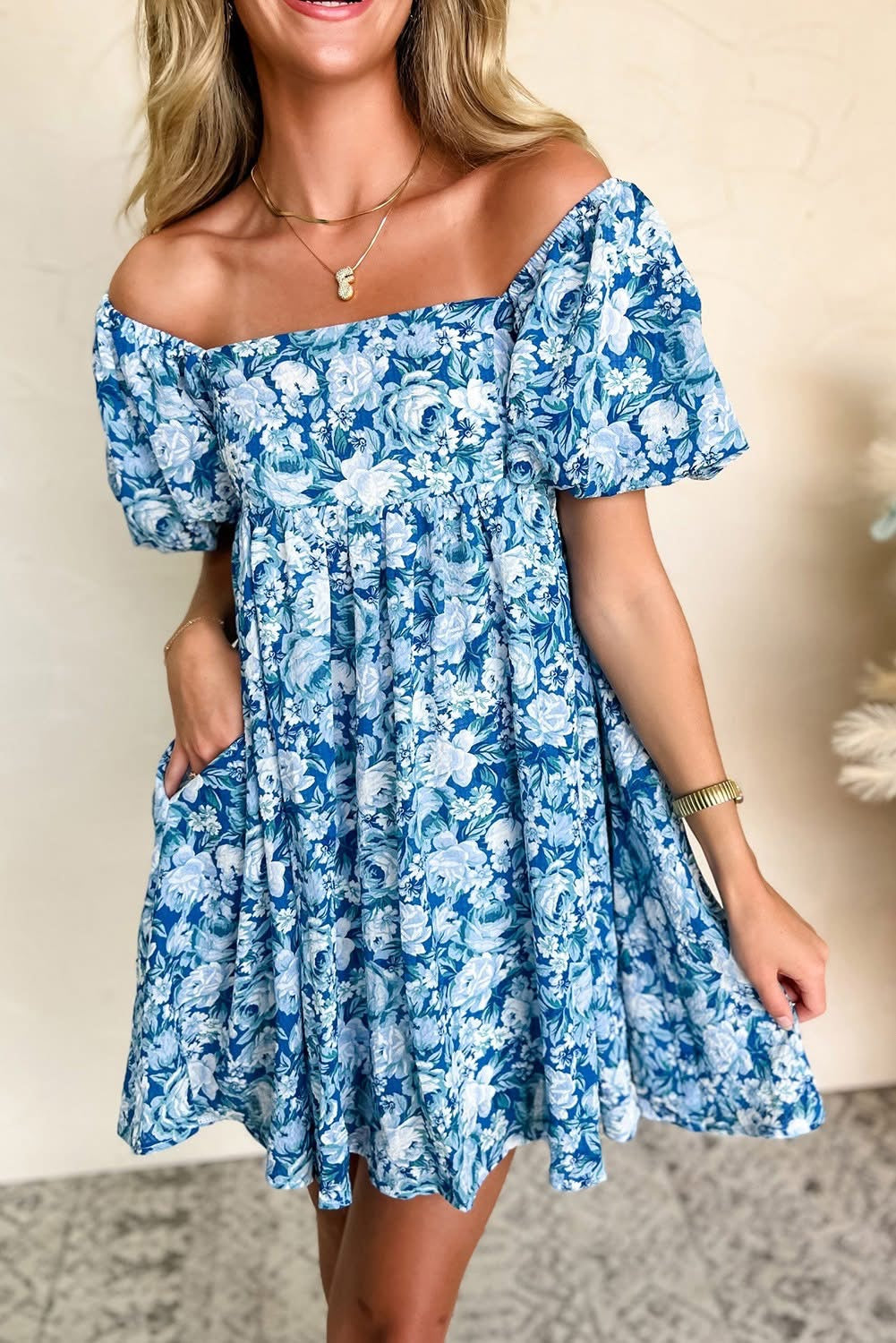 Blue Floral Puff Sleeve Babydoll Mini dress