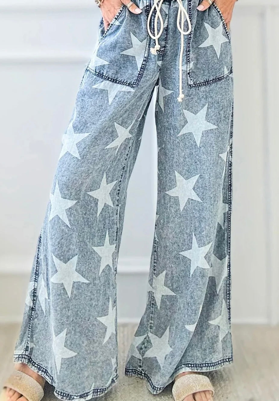 Star Light Wash Drawstring High Waist Wide Leg Jeans