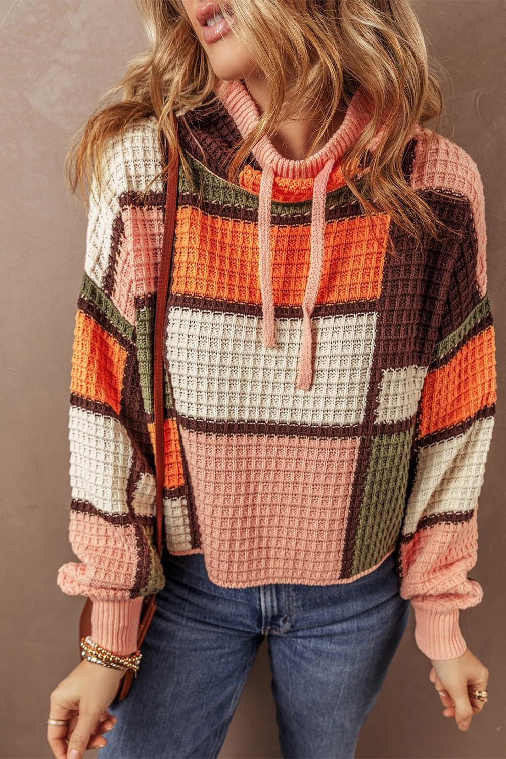 Warm cozy Plaid fun Color Block Waffle Knit Sweater