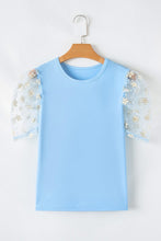 Load image into Gallery viewer, Beau Blue Floral Mesh Puff Sleeve Top
